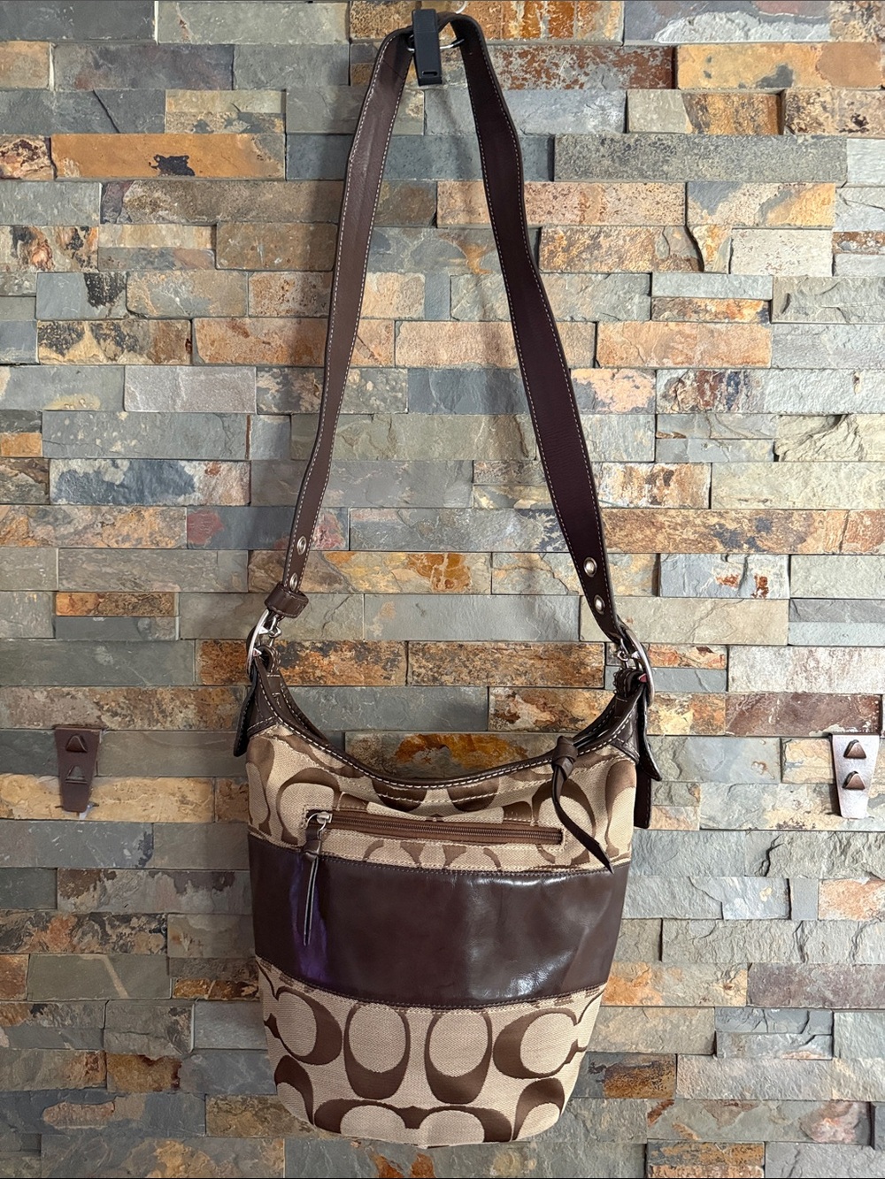 Vintage Coach Brown Signature Canvas Shoulder Bag with Dark Brown Leather Trim